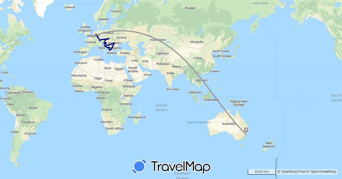 TravelMap itinerary: driving, plane in Albania, Austria, Australia, Bosnia and Herzegovina, Germany, Croatia, Montenegro, Macedonia, Romania, Serbia, Slovenia, Slovakia (Europe, Oceania)